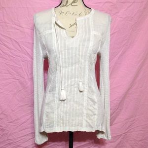 Lucky Brand Boho Tassel Tie Neck Ivory Blouse M